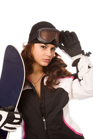 pretty woman with snowboard isolated on whiteの写真素材