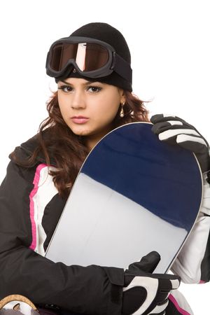 pretty woman with snowboard isolated on whiteの写真素材