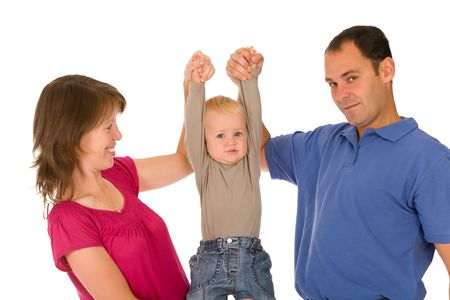 Happy family of three person on a white backgroundの写真素材