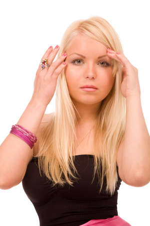 closeup portrait of the young woman isolated on whiteの写真素材
