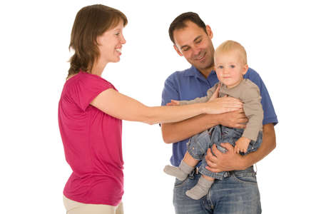 Happy family of three person on a white backgroundの写真素材