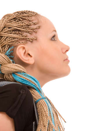 portrait of a young blond woman with dreadlocks on white backgroundの写真素材
