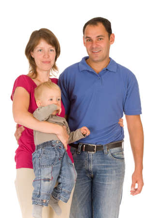 Happy family of three person on a white backgroundの写真素材