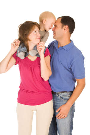 Happy family of three person on a white backgroundの写真素材