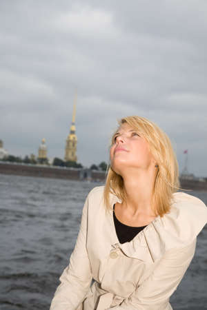 portrait of blond woman in historic center of Saint-Petersburg, Russiaの写真素材