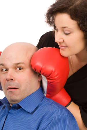 woman with boxing gloves and man on a white backgroundの写真素材