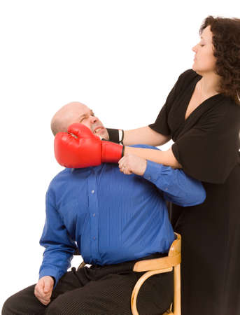 woman with boxing gloves and man on a white backgroundの写真素材