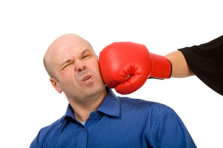woman with boxing gloves and man on a white backgroundの写真素材