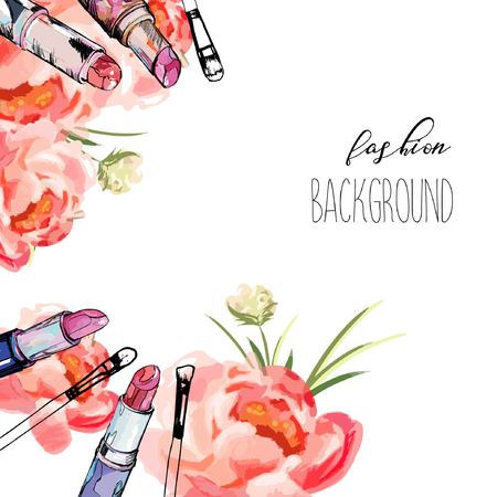 Make up artist objects: lipstick and brush. With place for your text.のイラスト素材