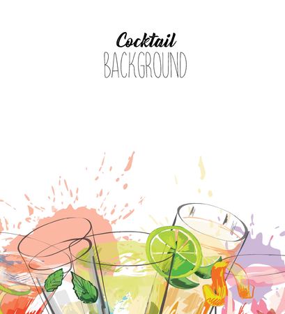 Watercolor background with alcohol drinks. Template design for menu, bar.のイラスト素材