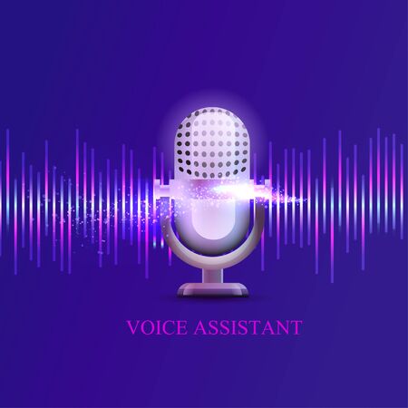 Personal assistant and voice recognition concept flat vector illustration of sound symbol intelligent technologies. Microphone button with bright voice and sound imitation lines.のイラスト素材