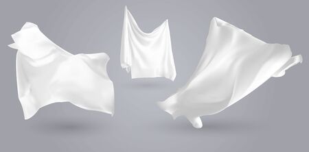 Set of realistic fluttering white cloths, soft lightweight clear material isolated on gray background vector illustrationのイラスト素材