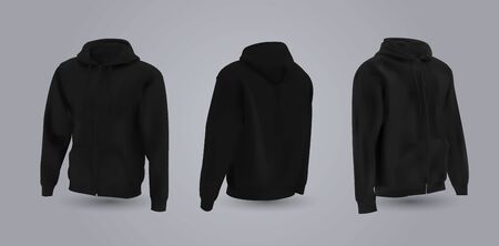 Black men's hooded sweatshirt mockup in front, back and side view, isolated on a gray background. 3D realistic vector illustration, pattern formal or casual sweatshirt.のイラスト素材