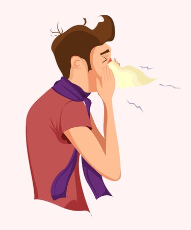Sick man. Unhappy character. Vector cartoon illustration. Man with handkerchief in hand. Season allergyのイラスト素材