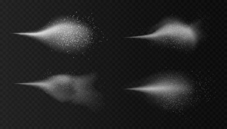 Airy water spray mist set. Sprayer fog isolated on black transparent background. Airy spray. Vector illustration.のイラスト素材