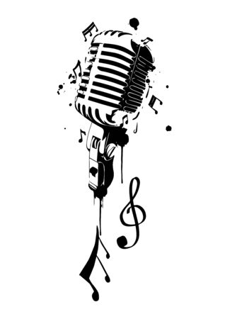 Vintage microphone with notes. Vector illustration.のイラスト素材