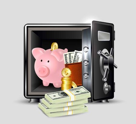 Safe with money coins and piggy Bank. Vector illustrationのイラスト素材