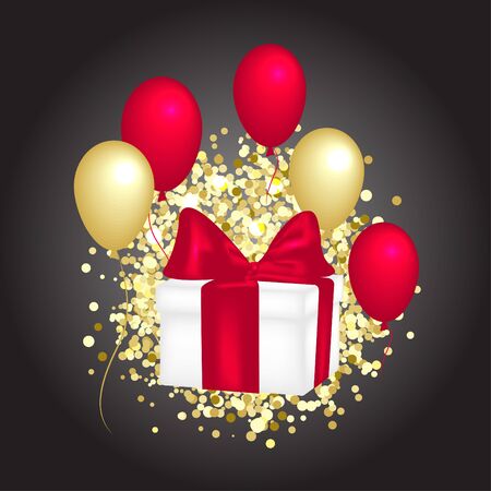 Gift box with a red bow, balloons and golden glitter.のイラスト素材