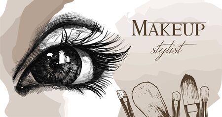 Vector hand drawn illustration of colorful women eye and makeup brushes. Concept for beauty salon, cosmetics label, cosmetology procedures, visage and makeup.のイラスト素材