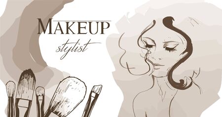 Vector hand drawn illustration with woman and makeup brushes. Concept for beauty salon, cosmetics label, cosmetology procedures, visage and makeup.のイラスト素材