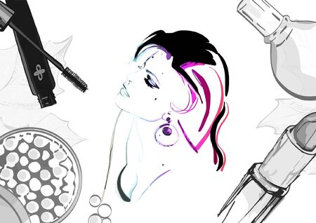 Beautiful pin-up style sexy woman with close eyes dreaming about beauty products for makeup. Beauty and fashion industry advertising banner vector illustrationのイラスト素材