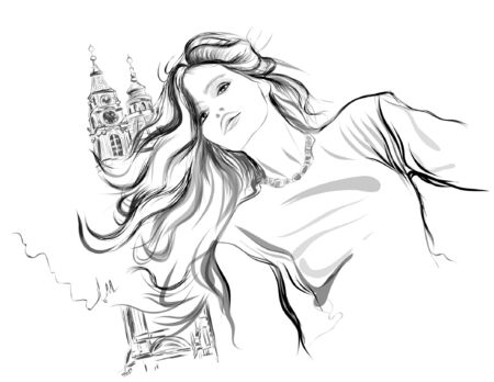 Sexy fashion girl in sketch style on tower background.のイラスト素材