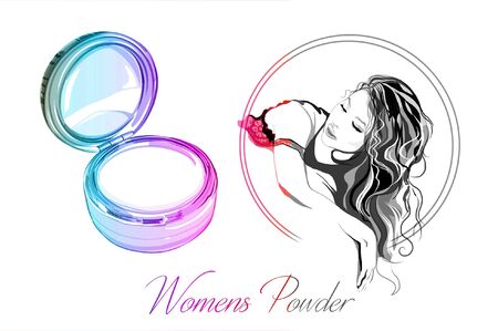 Beautiful hand drawing mirror with powder with a beautiful girl. Vector illustrationのイラスト素材