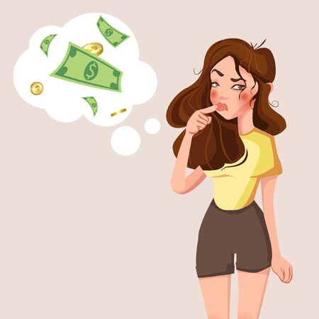 Cartoon young standing woman thinking with money mark in think bubble. Businesswoman thinks about problem vector illustration. Woman and money bubble thinking, expression and think problemのイラスト素材
