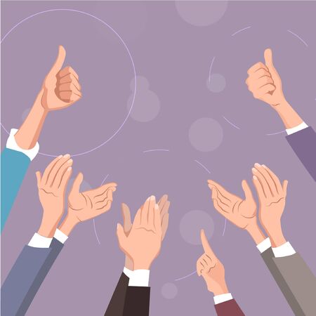 Hands clapping. Thumbs up and applause gestures. Congratulation, appreciation and business success. Illustration of people support and like thumb, up, applause hand. Vector illustrationのイラスト素材