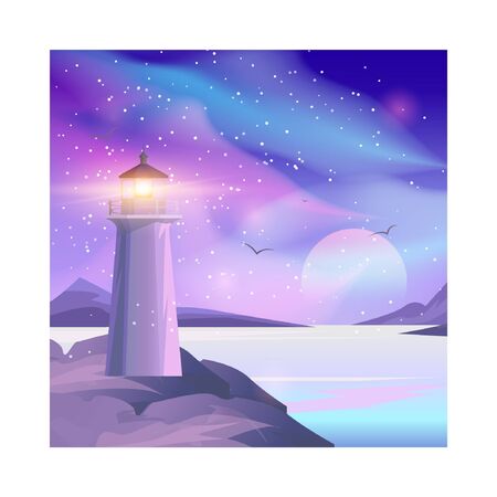 Vector illustration of Lighthouse in night sea. Lighthouse by the sea with mountains, aurora and starry night sky. Night landscape.のイラスト素材