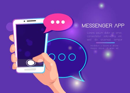 Mobile messenger app for texting messages to friends. Concept flat neon of human hand holds smartphone with speech bubble on application for texting, sharing news and community. Vector illustration.のイラスト素材