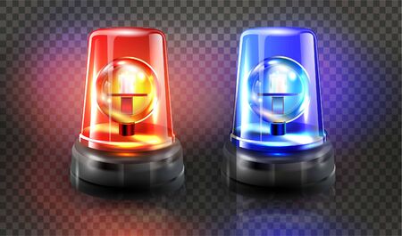 Red and blue flashers Siren Vector. Realistic Object. Light effect. Beacon For Police Cars Ambulance, Fire Trucks. Emergency Flashing Siren. Transparent background vector illustrationのイラスト素材