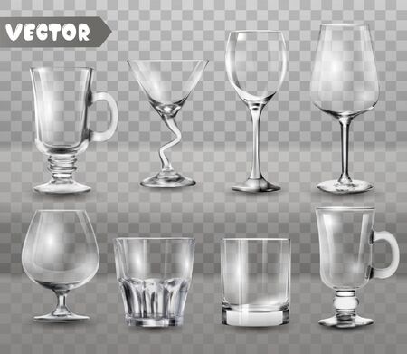 Set of transparent glasses goblets, cocktail glasses collection, vector illustration, icons.のイラスト素材
