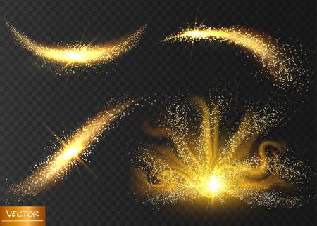 Sparkle stardust. Golden glittering magic vector waves with gold particles isolated on black background. Glitter bright trail, glowing wave shimmer, bright universe. Vector illustration.のイラスト素材