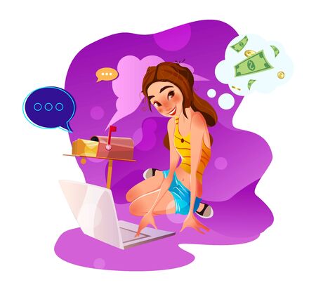 Businesswoman and cute blogger girl with laptop and social media icons. Colored vector illustrationのイラスト素材