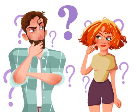 People with question marks vector illustration. Man and woman with question, thinking guy. Vector illustration.のイラスト素材