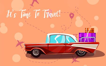 Road trip. Vacation elements. It's Time to Travel text. Cartoon design vector illustration.のイラスト素材