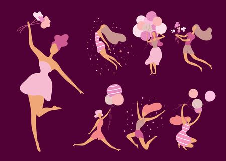 Set of silhouettes of cute girls in pink colors.のイラスト素材
