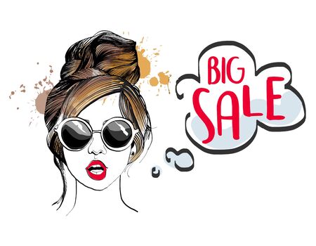 Hand drawn cute beautiful girl in glasses. Sale poster. Vector illustration.のイラスト素材