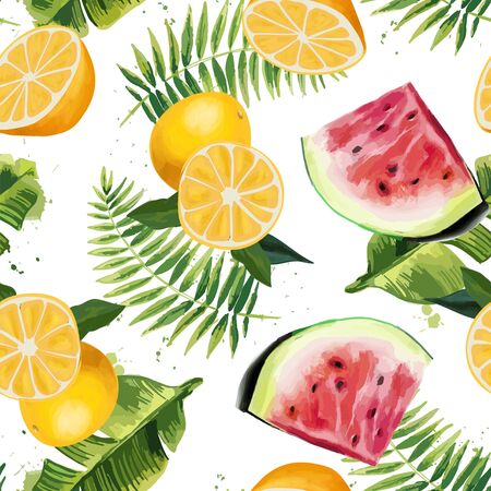Seamless pattern with tropical leaves, watermelons and oranges.のイラスト素材
