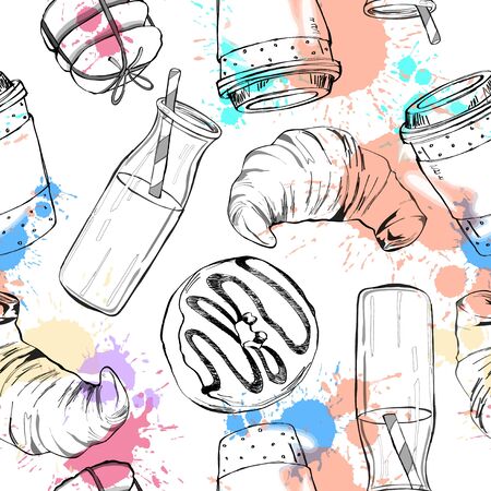 Beautiful hand drawn vector seamless pattern with coffee and donut.のイラスト素材