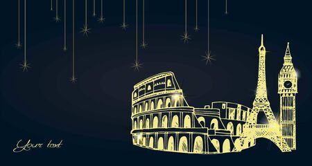 Vector card with golden famous attractions.のイラスト素材