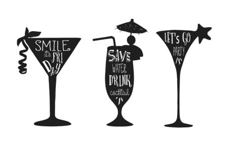 Set of cocktails. Vector phrase on black cocktail silhouette. Lettering for posters, cards design.のイラスト素材