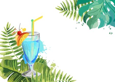 Cocktails. Summer tropical cocktail background with palm leaves.のイラスト素材