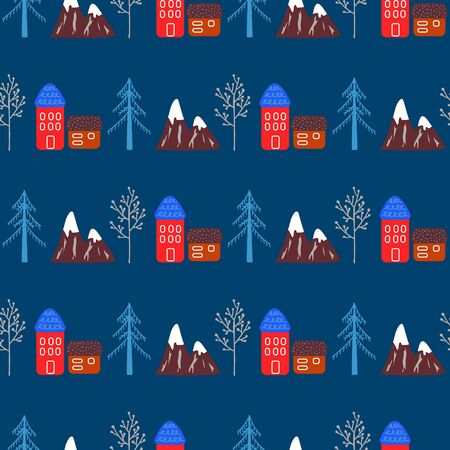 Winter seamless pattern with houses and forest.のイラスト素材