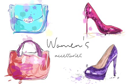 Women's accessories poster. Bags and high heeled ladies shoes.のイラスト素材