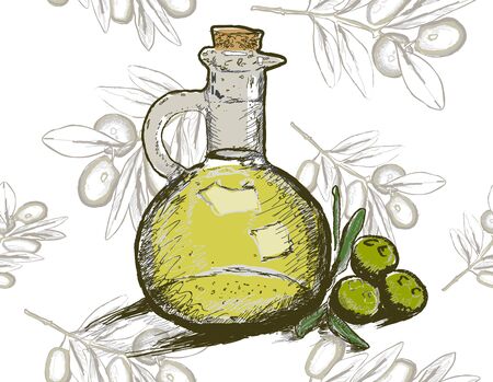 Vector bottle of olive oil with olive branch. Seamless pattern.のイラスト素材