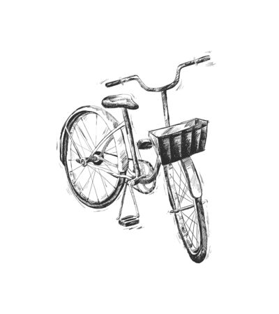 Vector hand drawn illustration of city bicycle in ink hand drawn style. Bike with step-through frame, pannier rack and front wicker basket.のイラスト素材