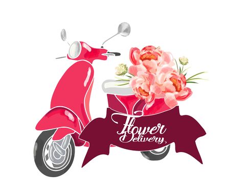 Cute scooter with flowers. design for flower delivery.のイラスト素材
