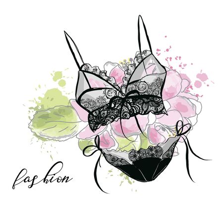 Fashion sketch women's lace sexy lingerie, bra and panties. Flower background.のイラスト素材